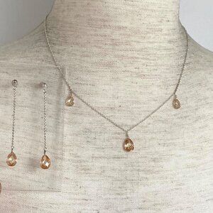 Sterling Silver 925 Dainty Faceted Peach Iolite Cable Chain Necklace & Earrings